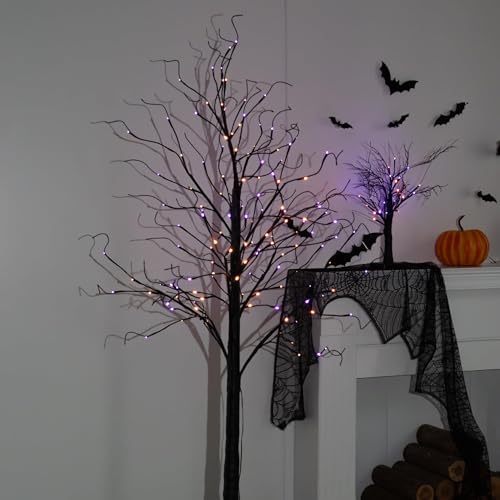TW SHINE 2 Pack 6FT Halloween Lighted Black Birch Tree, Total 288 LED Purple and Orange Lights Artificial Spooky Tree with Timer, Waterproof Halloween Decoration for Indoor Outdoor Home Party Decor