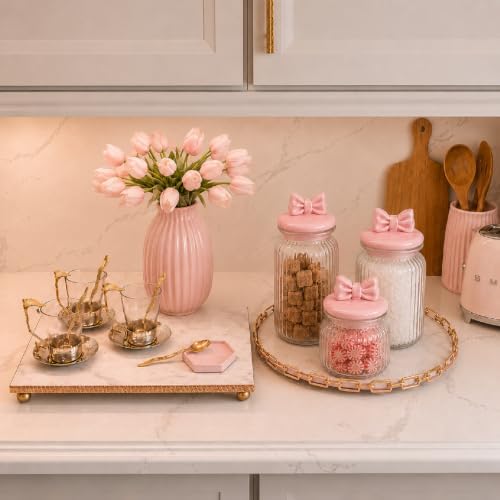 Mimorou 3 Set Pink Bow Candy Glass Jars with Ceramic Lids 44oz 33oz 22oz Summer Bow Cookie Jars Airtight Glass Food Storage Containers for Spring Summer Party Tea Cookie Snacks Sugar