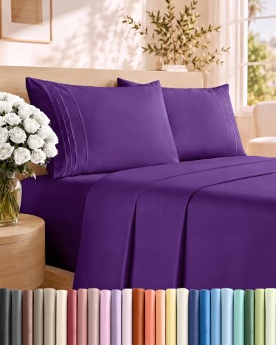 Queen Size 4 Piece Sheet Set - Comfy Breathable & Cooling Sheets - Purple