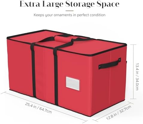 Winpull Christmas Ornament Storage Box with 8 Trays, Christmas Storage Container for 128-3'' Holiday Ornament Decorations, Large Xmas Organizer with Adjustable Dividers, Dual Zipper and Pocket - Red