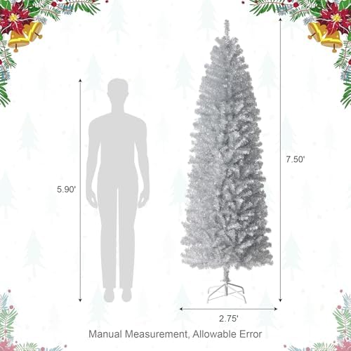 Glitzhome Pencil Tinsel Artificial Christmas Tree, 7.5ft Silver Christmas Tree with 1180 PVC Branch Tips and Foldable Metal Stand for Home Office Party Holiday Decoration