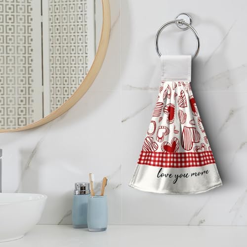 Valentines Day Hanging Kitchen Towels Set of 2 Valentine Red Heart Buffalo Plaid Hand Towels with Hanging Loops Seasonal Sweet Holiday Fingertip Oven Towels hanging Soft Absorbent Bar Tie Towel