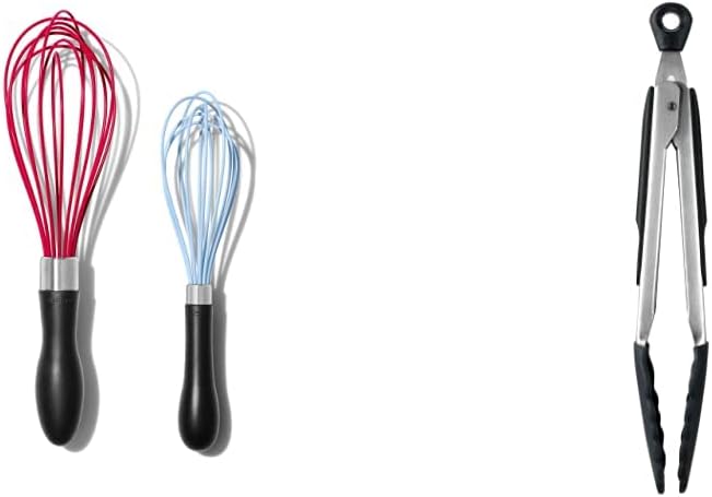OXO Good Grips 2-Piece Silicone Whisk Set and OXO Good Grips 9-Inch Tongs with Silicone Heads, Black