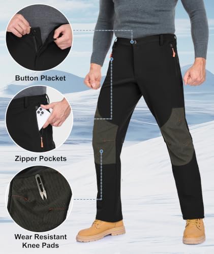 Mens Winter Snow Pants Waterproof Thermal Fleece Lined Hiking Pants with Zip Pockets
