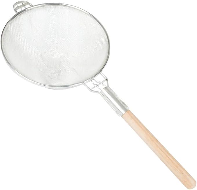 Soro Essentials- 14" Double Tinned Coarse Mesh Strainer with Reinforced Bands Pan Hook Wooden Handle- Food Sieve Strainer Kitchen Mesh Strainer Utensil for Cooking Rice Quinoa Pasta Fruits Vegetable
