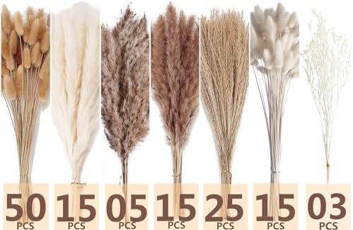 Dried Pampas Grass Decor, 128PCS Pampas Grass with Bunny Tails Dried Flowers, Reed Grass Bouquet for Wedding, Boho Flowers, Home Table Decor, Rustic Farmhouse Party
