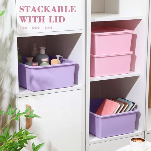 Menkxi 4 Pcs Storage Bins with Lids, Pink, Purple, Large