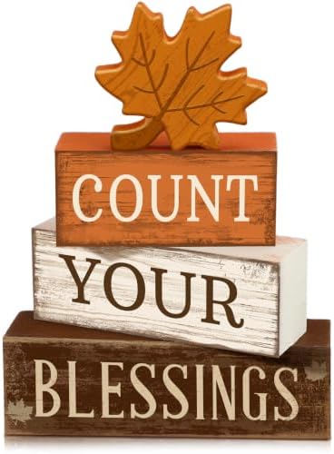Moucuny 4 Pcs Fall Table Decoration Rustic Maple Leaf Stacked Wooden Blocks