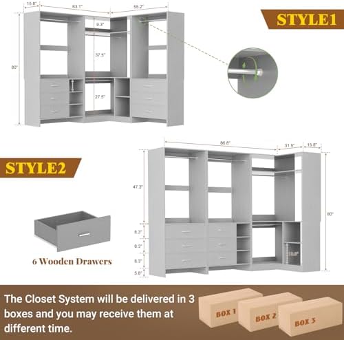 Aheaplus Closet System with 6 Drawers, 4 Hanging Rods & Corner Tower, Corner Closet System with Hanging, 86.8" L-Shaped Walk-In Wardrobe Organizer, 2000+ lbs Capacity, Set of 3, Grey