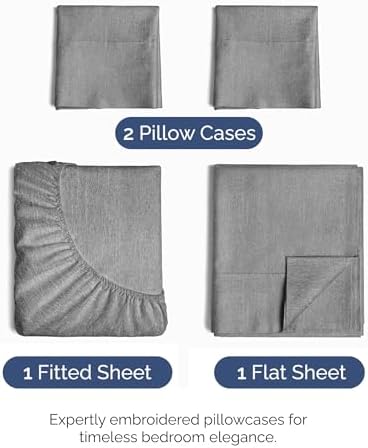 Queen Size 4 Piece Sheet Set - Breathable & Cooling Sheets - Heathered Grey
