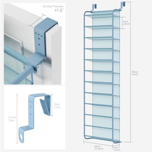 Whitmor 36 Pair Over the Door Shoe Rack,12 Tier Hanging Shoe Organizer with Metal Frame & Mesh shelves, Heavy Duty Shoe Storage Holder for Door,No Drill Installation, 74" H x 21.7" W x 7.5" D, Blue