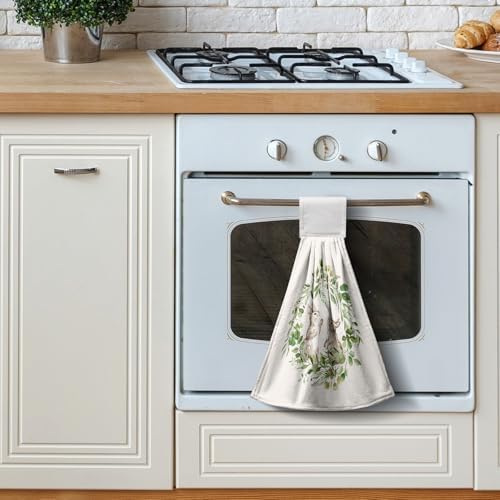 He is Risen Easter Kitchen Hanging Towels Set of 2 Easter Bunny Cross Hand Towels with Hanging Loop Spring Rabbits Green Leaf Wreath Dish Tie Towel Soft Absorbent Fingertip Bath Towel for Bathroom
