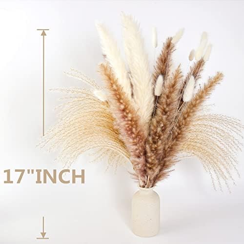 Natural Dried Pampas Grass Decor, 100 PCS Pampas Grass Contains White Bunny Tails Dried Flowers, Reed Grass Bouquet for Wedding Boho Flowers Home Table Decor, Rustic Farmhouse Party (17”)