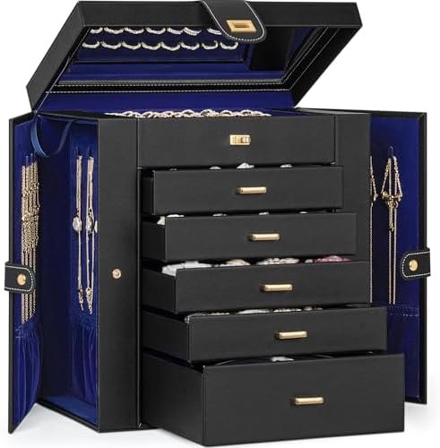 AKOZLIN 6-Tier Jewelry Box Organizer 5 Drawers Storage XLarge BlackBlue