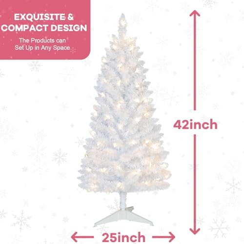 3.5ft Lighted Artificial White Christmas Tree | Leeheeyee Small Christmas Tree, Not Pre-lit White Tinsel Pine Trees with Lights, Ideal for Home, Office, and Xmas Tree Party Décor
