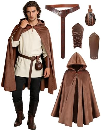kasahara Renaissance Hooded Cloak Medieval Costume Accessories for Men Women Halloween Costume Cape Belt Pouch Bracers