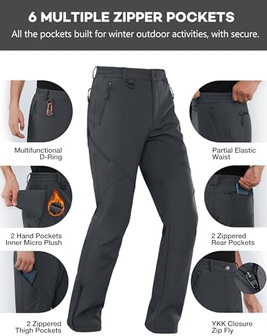 Stlight Mens Snow Ski Water Repellent Softshell Pants for Winter Hiking Fleece Lined Bottom Leg Zipper with 6 Zip Pockets
