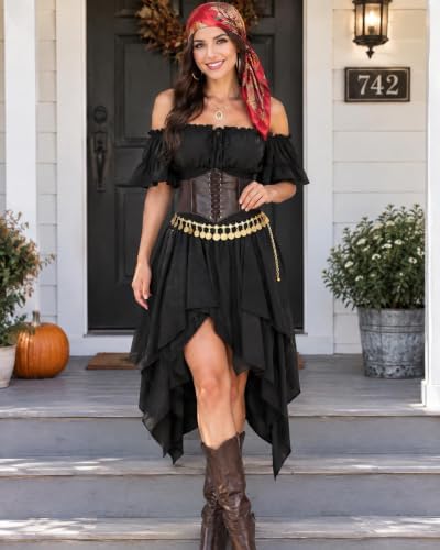 8 Pcs Pirate Costume Women Renaissance Dress Set, Medieval Pirate Outfit for Women with Corset Belt and Accessories