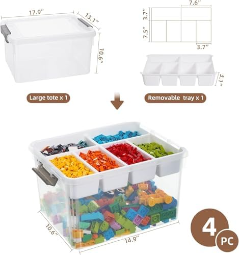 Citylife 32QT 4Packs Clear Craft Organizers and Storage Box with Tray