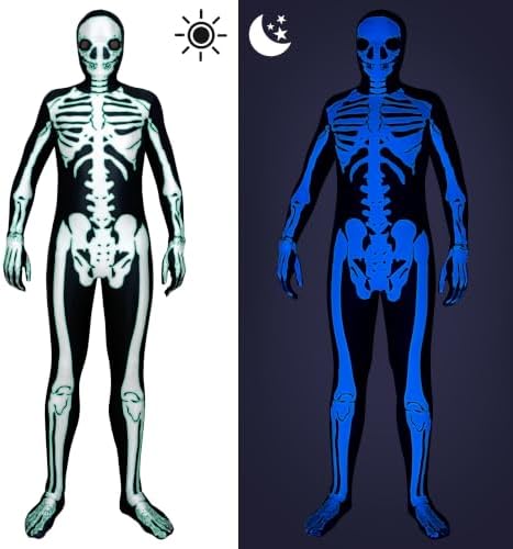 Uisozsfeb Men's Skeleton Costume Glow in Dark Jumpsuit Light Up Bodysuit