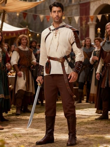 Men's Renaissance Costume,8 Piece Medieval Viking Pirate Outfit Set