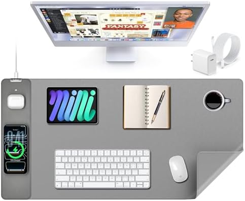Mouse Pad with 15W Wireless Charging, XXL Large Leather Desk Mat, Gray