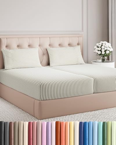 Split King Size 5 Piece Sheet Set - Breathable & Cooling - Beige Stripes