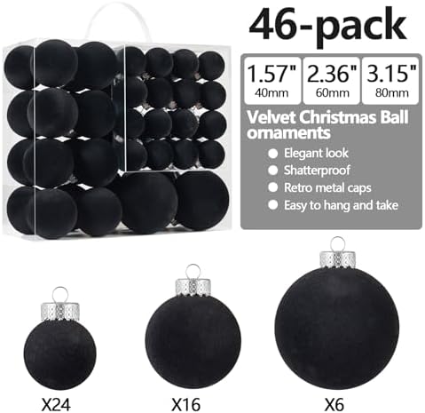 Black Velvet Christmas Ball Ornaments-46pcs Flocked Xmas Tree Decorations