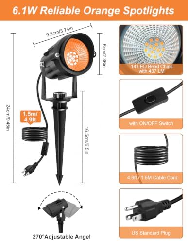 Halloween Orange Spot Lights Outdoor, 14 LED Landscape Lighting with US Plug, IP65 Waterproof Spotlights for Yard Garden Tree Porch Pathway Christmas Decor 2 Pack