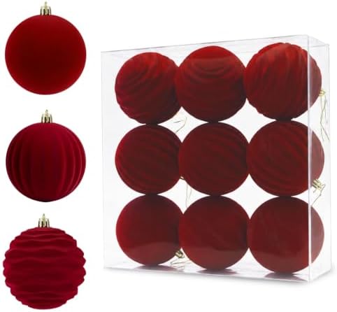 9Pcs Red Velvet Christmas Ornaments 3.94 in Balls for Christmas Tree Deco