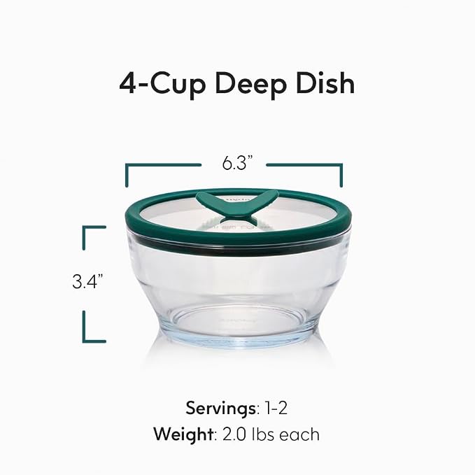 Anyday 2-Pack 4-Cup Deep Glass Food Storage Container w/Lids (Clear Kale) | Plastic Free Meal Prep, Microwave Cookware, Stackable Airtight, Vented Glass Lid, Microwave-Safe Reheating