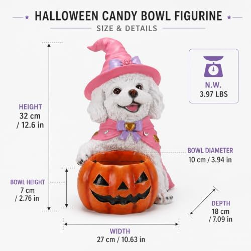 Halloween White Poodle Dog Candy Holder, Pumpkin Candy Bowl