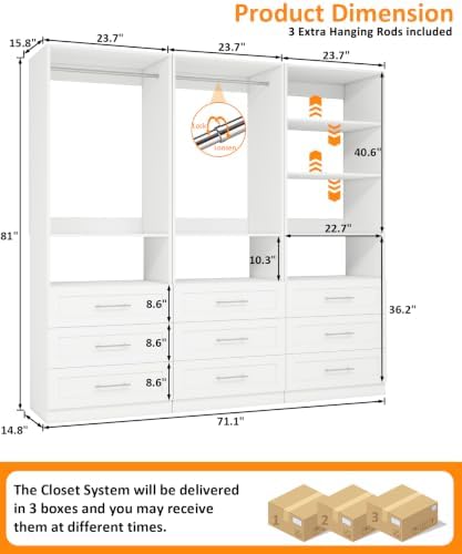 Closet System with 3 Sets, 6–15 FT Closet Organizer System with 9 Drawers, 6 Shelves & 5 Rods, Walk-In Modular Closet System, Custom Built-In Closet Kit, White