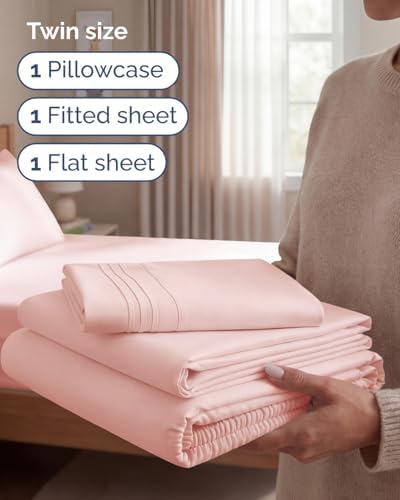 Twin Size 3 Piece Sheet Set - Comfy Breathable & Cooling Sheets - Baby Pink