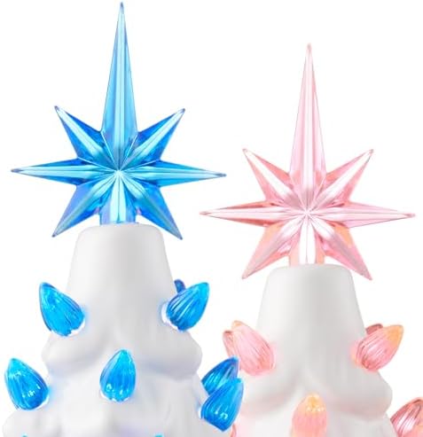 Casafield Hand Painted Ceramic Christmas Tree, White 12-Inch Pre-Lit Tree with 100 Pink and Blue Lights and 2 Star Toppers