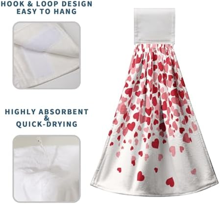 Valentines Day Hanging Kitchen Towels Set of 2 Valentine Pink Love Heart Hand Towels with Hanging Loops Holiday Wedding Romantic Dish Washcloth Soft Absorbent Tea Bar Bath Tie Towel