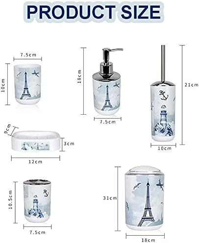 6 Piece Plastic Bathroom Accessory Set Luxury Lighthouse Bath Accessories Bath Set Lotion Bottles,Toothbrush Holder,Tooth Mug,Soap Dish,Toilet Brush,Rubbish for Modern Design