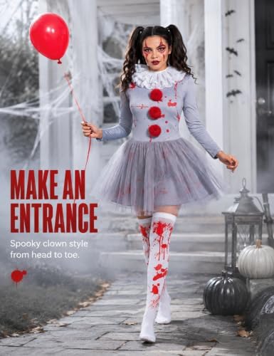 Women Halloween Scary Clown Costume with Bloody Tutu Dress and Face Gems