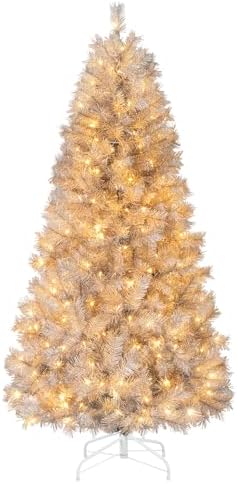 HAPPYGRILL 6 FT Pre-Lit Christmas Tree Silver Tinsel Artificial Xmas Tree with 553 Branch Tips, 230 Warm White LED Lights, Upgraded Metal Stand, Hinged Decoration Tree, Festive Celebration Tree