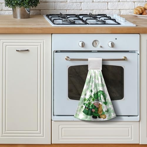St Patricks Day Gnomes Hanging Kitchen Towels Set of 2 Spring Lucky Shamrocks Hand Towel with Hanging Loop Irish Green Dish Towel Soft Absorbent Bath Tie Towel for Bathroom Farmhouse