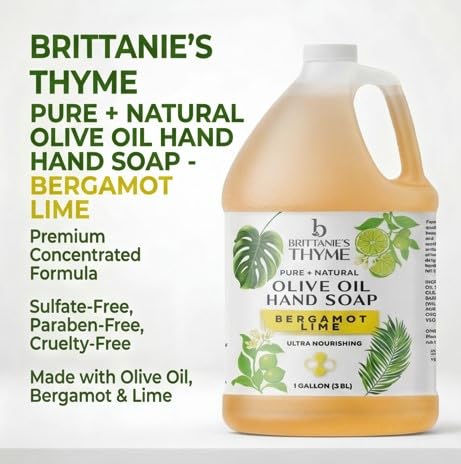 Brittanie's Bergamot Lime Pure Castile Olive Oil Liquid Soap 1 Gallon (128oz) | Face, Body Wash, Dishes, Pets & Laundry | Natural Vegan Sulfate Free, Moisturizing & Refill-Friendly