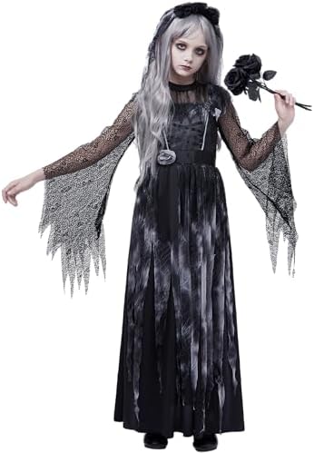 Spooktacular Creations Haunted Princess Costumes for Girls, Kids Scary Cemetery Bride Dress, Zombie Gothic Outfits with Headband for Halloween Ghost Role Playing Parties