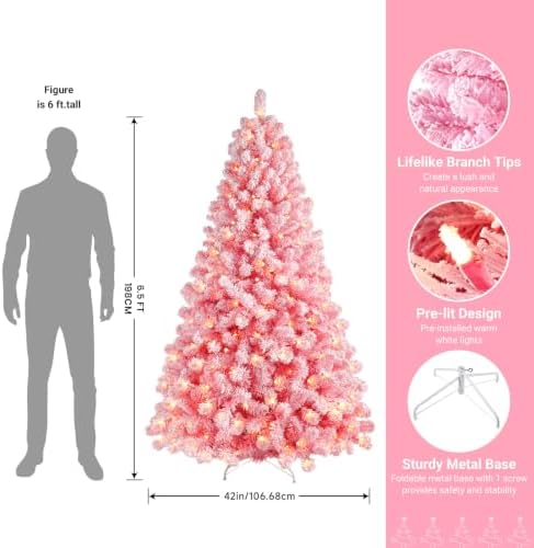 SHareconn 6.5ft Snow Flocked Spruce Pre-lit Artificial Christmas Tree, Pink