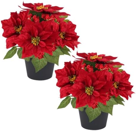 2 PC Poinsettias Artificial Christmas Flowers in Pot Red Faux Plant