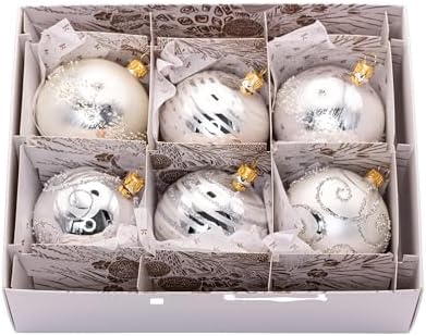 Luxury Handcrafted European Glass Christmas Ball Ornaments - Set of 6 - Silver & White - Satin & Shine - 8 cm - Mouth-Blown & Hand-Painted