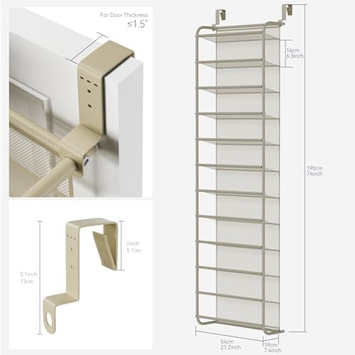 Whitmor 36 Pair Over the Door Shoe Rack,12 Tier Hanging Shoe Organizer with Metal Frame & Mesh Shelves, Heavy Duty Shoe Storage Holder for Door, No Drill Installation, 74" H x 21.7" W x 7.5" D, Oat