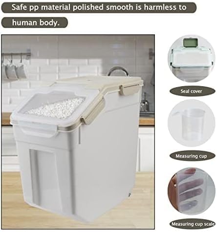 4 Pack Grain Food Storage Container, 20LB Airtight Rice Bin Storage Bucket with Spoon and Measuring Cup, Large Flour Dispenser Container Set 80LB Total Capacity, Grey