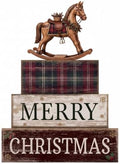 Moucuny 4 Pcs Tartan Plaid Christmas Table Decor, Rocking Horse Wooden Sign