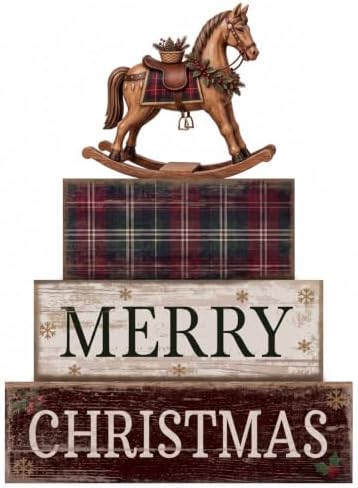 Moucuny 4 Pcs Tartan Plaid Christmas Table Decor, Rocking Horse Wooden Sign