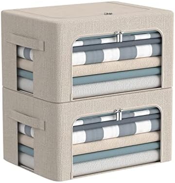 Clothes Storage Bins with Metal Frame, Clear Windows, 22L, Beige, 2-Pack